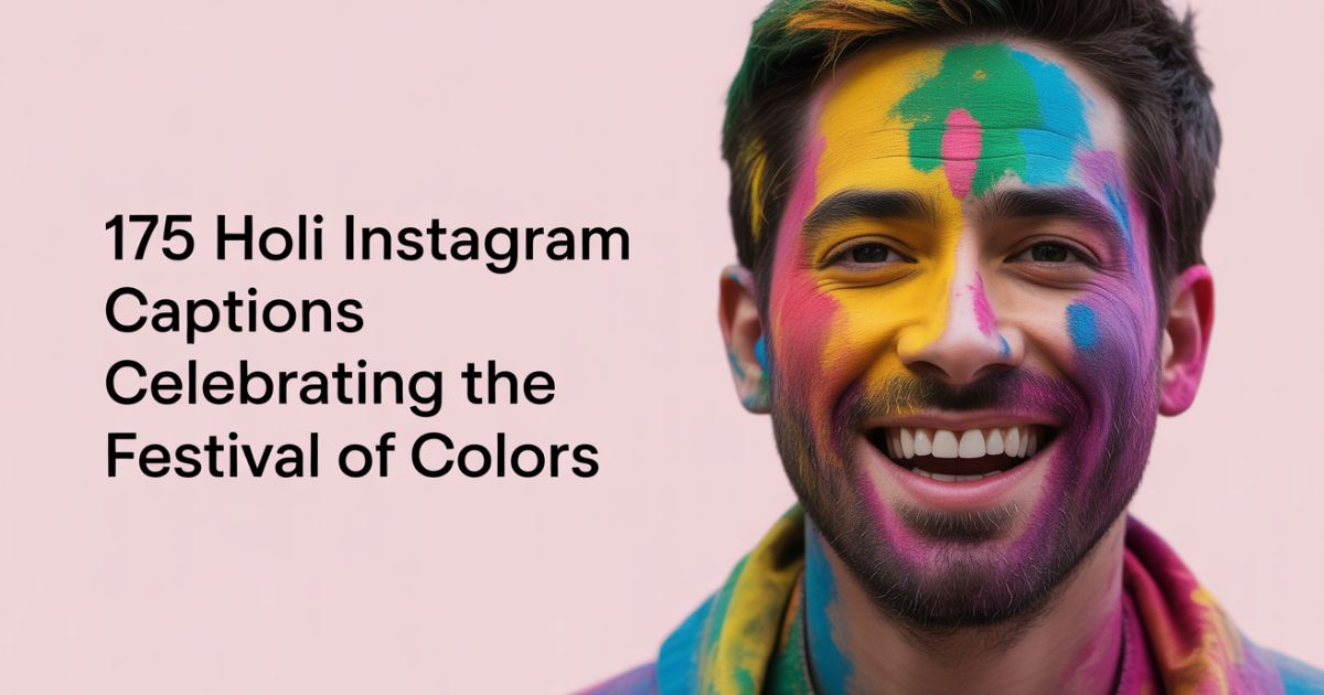 175 Holi Instagram Captions Celebrating the Festival of Colors Holi is one of the most colorful and joyful festivals celebrated around the world. People come together to throw vibrant powders and celebrate the arrival of spring. The festival brings families and friends closer as they share laughter and create memories. Everyone loves to capture these magical moments and share them on social media. Finding the perfect caption can make your Holi photos even more special and meaningful. Instagram is the perfect place to show off your colorful Holi celebrations. A great caption can tell the story behind your beautiful, messy, and fun-filled pictures. Whether you want something funny, inspiring, or traditional, the right words matter a lot. Your followers will love seeing your festive spirit through both images and captions. These 75 Holi captions will help you express the joy and excitement of this amazing festival. 175 Best Holi Captions for Instagram 2025 Finding the perfect Holi caption for your Instagram posts can make all the difference in engagement. With millions of colorful posts flooding social media during this vibrant festival, you need captions that truly stand out. The best Holi captions combine creativity, emotion, and trending keywords that resonate with your followers. Whether you're sharing solo shots, group photos, or artistic content, the right words can transform a simple post into viral content. Painting my world with happiness, one color at a time #Holi2025 Life is better in full color mode activated! Currently drowning in colors and loving every moment This is what pure joy looks like in rainbow form Color therapy session: completed successfully! When life gives you colors, make it unforgettable Messy hair, colorful face, happy heart - perfect combo! Today's forecast: 100% chance of colors everywhere Living my most vibrant life right now Colors speak louder than words ever could Officially inducted into the rainbow squad! This is my natural glow-up, Holi edition Warning: May cause excessive happiness and color addiction Plot twist: I'm actually made of colors inside Breaking news: Found my true colors today! Funny Holi Captions to Make Your Followers Smile Humor is the secret ingredient that makes Holi posts go viral on Instagram. Funny captions not only entertain your audience but also showcase your personality in the most delightful way. People love sharing content that makes them laugh, which means your funny Holi posts are more likely to be shared and saved. The best comedy captions often play with the messy, chaotic nature of Holi celebrations while keeping the tone light and relatable. I came in peace, I'm leaving in pieces... colorful pieces! My skincare routine today: Organic color mask by strangers Looking like a walking art project and totally owning it! Proof that I can't stay clean for more than 5 minutes Current status: Human rainbow trying to find matching socks They said the dress code was casual. Nobody mentioned camouflage! Breaking: Local person discovers they're actually a canvas I thought I was playing Holi, turns out Holi was playing me This is what happens when art attacks back! Currently accepting applications for a color coordinator Plot twist: The colors are permanent and I'm okay with it Who needs makeup when you have enthusiastic friends? Holi preparation level: Professional mess maker certified! Today's mood: Colorfully confused but happy I'm not dirty, I'm just celebrating in high definition! Short and Sweet Holi Captions for Quick Posts Sometimes the most powerful messages come in the smallest packages. Short captions are perfect for Instagram's fast-paced environment where users scroll quickly through their feeds. These bite-sized captions work exceptionally well for Stories, Reels, and when you want the focus to remain on your stunning visuals. Simple doesn't mean boring – the right few words can pack an emotional punch that resonates with thousands of followers. Pure magic #HoliVibes Colorfully blessed Joy overload! Living in full color Happiness activated Color me happy! Festival feels Vibrant vibes only Officially colorful! Spring has sprung Colors & chaos Happy heart, messy face Rainbow mode: ON Pure bliss captured Celebration station Holi Captions for Friends to Capture Colorful Moments Friendship bonds become even stronger during colorful celebrations like Holi. Your squad photos deserve captions that capture the essence of your shared joy and the memories you're creating together. These captions should highlight the fun dynamics of your group while making each friend feel special and included. The best friend captions often become inside jokes that your group will reference for years to come. Squad goals: Matching colors, mismatched personalities! Friends who get messy together, stay blessed together We came, we saw, we conquered... with colors! This is what friendship looks like in HD color Partners in grime and partners in shine! Our friendship is as colorful as this festival Creating rainbow memories with my favorite humans Together we're unstoppable, separately we're washable Friend rule #1: What happens at Holi, gets posted everywhere We put the 'fun' in dysfunctional friend group Collecting moments and colors with the best crew ever Friends: The family you choose to get colorful with We're not just friends, we're color co-conspirators! This is our annual tradition of beautiful chaos United we stand, colorful we fall! Romantic Holi Captions for Couples Love takes on new dimensions during the festival of colors, and couples have a unique opportunity to express their romance through vibrant imagery and heartfelt captions. Romantic Holi captions should capture the intimacy of sharing this joyous moment with your special person. Whether you're newlyweds or have been together for years, these captions help you celebrate your love story in the most colorful way possible. You're the color that completes my rainbow Every shade of love with you feels perfect Together we paint the most beautiful love story You make my world infinitely more colorful Love looks good on us, especially in technicolor! My favorite color? Whatever you're wearing right now We don't need filters when we have this much love Painting our future together, one color at a time You're my partner in color and crime Love is messy, colorful, and absolutely perfect with you Creating our own love spectrum since forever You + Me + Colors = Infinite happiness equation Our love story gets more vibrant every year Hand in hand, heart to heart, color to color Forever grateful for finding my colorful soulmate Inspirational Holi Captions for a Positive Vibe Holi represents new beginnings, the triumph of good over evil, and the celebration of life's beautiful diversity. Inspirational captions can motivate your followers while spreading positivity during this auspicious time. These messages work particularly well for content creators and influencers who want to impact their community positively. The best motivational Holi captions connect the festival's deeper meaning with personal growth and universal themes of hope. Let colors wash away all negativity from your life Every color tells a story of hope and new beginnings Embrace the chaos, find beauty in the mess Life is like Holi - messy, beautiful, and worth celebrating Color outside the lines, live beyond the boundaries Today we celebrate the diversity that makes us beautiful Let your inner light shine brighter than any color Spread love like colors - generously and without hesitation Every ending is a colorful beginning in disguise Be the reason someone believes in colorful possibilities Happiness is a choice, make it a colorful one! Paint your dreams with the brightest colors of determination Let gratitude be the color that dominates your life palette Rise like the spring, bloom like the festival Your life is a canvas, make it a masterpiece Holi Selfie Captions That Pop with Colors Selfies during Holi deserve captions that are just as vibrant as your colorful appearance. The best selfie captions blend confidence, humor, and relatability while encouraging engagement from your followers. These captions should make your personality shine through the rainbow of colors on your face. Remember, a great selfie caption can turn a simple photo into a conversation starter that brings your community together. Selfie games are strong, color games are stronger! Current mood: Colorfully confident and loving it No filter needed when nature provides the glow This is my happy face. literally covered in happiness! Serving looks that are 100% organic and colorful Plot twist: I woke up like this (after 3 hours of Holi) Selfie status: Professionally messy, personally happy They said be yourself, so I became a rainbow! This is what pure joy looks like in selfie form Currently accepting compliments on my natural glow-up Selfie with a side of spring vibes and color therapy Me vs. Me after discovering my true colors Confidence level: Posting colorful selfies without shame This is my 'I just lived my best life' expression Serving main character energy in full color HD Creative Holi Captions for Aesthetic Instagram Feeds Aesthetic Instagram feeds require captions that complement the visual storytelling while maintaining the overall theme and mood. Creative Holi captions should feel like poetry in motion, adding depth to your carefully curated content. These captions work best when they evoke emotions, tell stories, or present familiar concepts from fresh perspectives. The goal is to create content that followers want to save, share, and return to for inspiration. Where art meets celebration, magic happens naturally Dancing between chaos and beauty, finding peace in colors Every splash of color writes poetry on the canvas of life Collecting moments that bloom into everlasting memories When festivals become art and art becomes life Painting dreams into reality, one vibrant moment at a time The symphony of colors playing the melody of pure joy Creating visual stories that hearts understand without words Where tradition meets aesthetics in perfect harmony Curating happiness through the lens of colorful celebration Abstract art in motion, emotions painted in living color Moments like these deserve frames made of golden sunlight Finding extraordinary beauty in ordinary celebration rituals When life becomes art and art becomes celebration Aesthetic vibes meeting authentic emotions in perfect balance Trending Holi Hashtags and Captions for 2025 Staying current with trending hashtags and caption styles is crucial for Instagram success in 2025. The platform's algorithm favors content that uses relevant, trending tags while maintaining authentic engagement. Smart hashtag strategy combined with compelling captions can dramatically increase your reach and help you connect with new audiences. Understanding which hashtags are peaking during Holi season gives you a competitive advantage in the crowded festival content space. Trending into spring with all the right vibes #HoliTrends2025 Algorithm approved: 100% organic happiness content Going viral one colorful moment at a time #HoliViral Hashtag blessed with the perfect festival vibes #Blessed2025 Your FYP just got 10x more colorful! #ForYouPage Serving content that the algorithm actually loves #InstagramGrowth Trending topic: How to live your most colorful life Plot twist: We broke the internet with too much color! This post contains trending levels of pure joy Hashtag game strong, festival game stronger #HoliGoals2025 Currently trending in the happiness department #TrendingNow Your daily dose of viral-worthy festival content Breaking: Local celebration becomes internet sensation! Riding the trend wave with authentic festival vibes "When your content matches the trending algorithm perfectly Holi Caption Ideas for Reels and Stories Instagram Reels and Stories dominate the platform's engagement rates, making them essential for successful Holi content strategy. These formats require snappy, attention-grabbing captions that work well with fast-paced, visual storytelling. The best Reels captions often include hooks that make viewers stop scrolling, while Stories captions should encourage interaction and responses. Understanding the nuances of each format helps you create content that performs well across all Instagram features. POV: You're living your most colorful main character moment This Reel contains 100% authentic happiness footage Plot armor: Activated with colorful celebration vibes! Reel life goals: Making every moment worth rewatching Today's story highlight: Becoming a human rainbow! This is your sign to embrace the colorful chaos Reel talk: This is what pure joy looks like in motion Story time: How I became one with the colors Trending audio: The sound of pure happiness playing! Watch me transform into a walking celebration! This Reel is brought to you by spontaneous joy sponsors Story update: Still finding colors in unexpected places! Reel review: 10/10 would recommend this level of fun Breaking: This story has no sad parts, only colors! Current Reel mood: Colorfully chaotic and loving it! 100 Happy Holi Wishes, Messages and Greetings Traditional Holi wishes carry the warmth of cultural heritage while connecting people across distances and generations. These messages serve as bridges between hearts, spreading joy and maintaining the spirit of togetherness that makes Holi so special. The best wishes combine traditional sentiments with contemporary expressions, making them relatable to both older and younger generations. Sharing meaningful greetings shows respect for cultural values while strengthening personal relationships Sending you rainbow wishes wrapped in golden sunshine May your life bloom with colors of happiness forever Wishing you a Holi filled with sweet moments and colorful memories Let the colors of joy paint your world beautiful today Happy Holi! May every color bring you a new reason to smile Spreading colorful blessings and warm wishes your way May this festival fill your heart with rainbow happiness Wishing you colors of love, laughter, and endless joy! Happy Holi! May your celebrations be as bright as your dreams Sending you buckets full of colorful wishes and warm hugs May the festival of colors bring colors of prosperity to your life Wishing you a Holi as vibrant as your beautiful soul Happy Holi! May every splash of color bring you good fortune Let the colors wash away sorrows and fill you with hope May this Holi mark the beginning of your most colorful chapter Heartwarming Holi Wishes for Family Family bonds become even more precious during festival celebrations, and Holi provides the perfect opportunity to express love and gratitude toward your relatives. Heartwarming family wishes should reflect the deep connections, shared memories, and unconditional love that define family relationships. These messages often become treasured keepsakes that family members save and cherish for years. The warmth in family wishes should feel authentic and personal, reflecting your unique family dynamics Family + Colors + Love = The perfect Holi recipe Grateful for a family that makes every festival more beautiful Home is wherever my colorful, crazy family is Building generational memories one colorful celebration at a time Family traditions painted with love and laughter since forever Blessed to call these colorful humans my family Our family tree blooms brightest during festival seasons Creating rainbow memories with my favorite people on Earth Family love: The most vibrant color in my life palette Three generations of colorful celebration expertise! Family gatherings: Where chaos meets love in perfect harmony Grateful for roots that keep us grounded and wings that let us celebrate Our family motto: Celebrate together, stay colorful forever Blood makes us related, colors make us family! Home isn't a place, it's these beautiful colorful moments together Joyful Holi Greetings for Friends Friendship celebrations during Holi create some of the most genuine and spontaneous moments of joy. Friend greetings should capture the playful, supportive, and adventurous spirit that defines true friendship. These messages work best when they reflect shared experiences, inside jokes, and the unique bond you share with your friend circle. The best friend greetings often become the foundation for new traditions and continued celebrations in the years to come. Friends who celebrate together, create magic together! Cheers to friendship that's as colorful as our adventures Squad appreciation post: You make every moment more vibrant True friendship: Surviving colorful chaos and loving every second Friends like you turn ordinary days into extraordinary celebrations Our friendship is the perfect blend of colors and crazy! Collecting colorful memories with irreplaceable friends Friendship goals: Making every festival unforgettable together You're the reason my celebration photos always look amazing! Friends who laugh together, stay colorful together forever Our bond gets stronger with every colorful celebration we share Thank you for being the color in my black and white world Friendship level: Will get completely messy together without hesitation Creating friendship folklore through colorful festival adventures Best friends: The family we choose to get colorful with! Professional Holi Wishes for Colleagues Workplace relationships benefit greatly from thoughtful festival greetings that maintain professionalism while showing cultural awareness and respect. Professional Holi wishes should strike the right balance between warmth and appropriateness, helping to build stronger team dynamics. These messages contribute to inclusive workplace culture where everyone feels valued and respected during important cultural celebrations. The best professional greetings often help break down barriers and create more personal connections among team members Wishing all colleagues a prosperous and colorful Holi celebration May this festival bring new opportunities and vibrant success to our team Professional wishes with personal warmth for a wonderful Holi! Celebrating diversity and unity in our amazing workplace family Here's to colleagues who make work feel like a celebration! May your professional journey be as colorful as this beautiful festival Wishing our incredible team a Holi filled with success and happiness Professional excellence meets cultural celebration - perfect combination! Grateful to work alongside such talented and wonderful people May this festival season energize our projects with creative success Team spirit: Stronger than ever during festival celebrations Wishing everyone a healthy, happy, and productive Holi season! Our workplace diversity makes every celebration more meaningful Professional success painted with the colors of teamwork and respect Celebrating achievements and relationships that make work worthwhile! Happy Holi Messages for Long-Distance Loved Ones Distance cannot diminish the power of love and connection during festival celebrations. Long-distance Holi messages serve as emotional bridges that span continents and time zones, helping maintain strong relationships despite physical separation. These messages should convey deep affection while acknowledging the challenge of celebrating apart. The best long-distance wishes often include promises of future celebrations together and expressions of gratitude for technology that keeps hearts connected. Miles apart but celebrating together in spirit and love Sending colorful hugs across the distance to reach your heart Distance means nothing when hearts are connected by festival joy Virtual colors, real love - celebrating you from far away! Our love is stronger than any distance between us Counting days until we can celebrate colorfully together again Technology can't replace hugs, but it brings hearts closer Missing you extra today, sending extra colorful wishes your way Distance is temporary, our bond is permanent and colorful forever Celebrating apart but united in love and festive spirit Long-distance love painted with the brightest colors of hope Your absence is felt, your love is celebrated everywhere Sending you a virtual color fight and real warm wishes! Until we meet again, keep celebrating the colorful love we share Distance testing our patience, festivals strengthening our connection Holi Blessings and Quotes to Share Spiritual and philosophical aspects of Holi deserve recognition through meaningful blessings and inspirational quotes. These messages connect the festival's deeper significance with personal growth and universal wisdom. Blessing-focused captions work particularly well for audiences who appreciate the cultural and spiritual dimensions of celebration. The best Holi quotes often become sources of inspiration that people return to throughout the year, making them valuable additions to your content strategy. May divine blessings color your life with eternal peace and prosperity Let the sacred colors wash away negativity and welcome new beginnings Blessed are those who find joy in life's simplest colorful moments May the universe paint your path with colors of success and happiness Faith, love, and colors - the trinity of a blessed celebration Spiritual wisdom: Every color teaches us something about life's beauty May your soul be as vibrant as the colors you celebrate today Blessings shower like colors - abundant, beautiful, and transformative Let gratitude be the prayer and joy be the offering this Holi Divine love expressed through earthly colors and human connections May your heart remain as pure as your intentions during celebration Wisdom learned: True colors shine brightest during genuine celebrations Blessed to witness another year of life's colorful miracles May the sacred fire of joy burn bright in your heart forever Spiritual truth: We are all different colors of the same divine light Funny and Quirky Holi Wishes for a Laugh Humor adds an extra layer of joy to festival celebrations, and funny Holi wishes can brighten someone's entire day. Quirky messages work especially well for friends and family members who appreciate wit and wordplay. These wishes should be lighthearted without being offensive, clever without being complicated. The best funny wishes often become memorable quotes that people repeat and share for years after the festival ends. Warning: Contains 99% colors and 1% regret about white clothes! Relationship status: Committed to being colorfully ridiculous today Breaking news: Local person discovers they're actually a rainbow! Professional diagnosis: Severe case of color addiction, no cure needed Plot twist: I'm not messy, I'm just colorfully enhanced! Current occupation: Full-time human art project Life hack: Skip the gym, chase people with colors instead! Scientific fact: Colors contain zero calories but maximum happiness Today's agenda: Prove that adults can be bigger kids than kids Emergency announcement: Laundry machines across the city are panicking! Public service announcement: Avoid me if you're wearing white today Achievement unlocked: Successfully became one with the rainbow Weather update: 100% chance of being hilariously colorful Math equation: Colors + Friends + Laughter = Perfect chaos Philosophy lesson: Life's too short to worry about stained clothes! Short and Sweet Holi Messages for WhatsApp WhatsApp remains the most popular platform for sharing personal festival messages, and short wishes are perfect for group chats and individual conversations. These messages should be easy to read, quick to understand, and simple to forward. The best WhatsApp messages often get shared multiple times across different groups, so creating memorable and shareable content is key to spreading joy widely during the festival se Colors + Joy = Perfect Holi! Wishing you both May your life be as bright as today's celebrations Happy Holi! Time to paint the town (and ourselves) red... and blue... and yellow! Sending colorful wishes and warm hugs your way Holi hai! Let the festivities begin with love and laughter Quick reminder: Life is better in technicolor Wishing you a day full of colors and a year full of happiness Short message, big wishes - Happy Holi! May every color bring you a new reason to smile Holi status: Activated with maximum joy settings! Colorful wishes for a beautiful soul like you Today's forecast: 100% chance of happiness Spreading colors, spreading love, spreading smiles everywhere! Quick update: Life just got more colorful Simple wishes, genuine feelings - Have a fantastic Holi! Holi SMS and Status Ideas for 2025 Text messages and social media status updates continue to play important roles in modern festival communication. These formats require concise yet impactful messaging that works across various platforms and devices. Status updates should capture current mood and celebration progress while SMS messages need to convey warmth and personal connection. Understanding the unique requirements of each digital communication method helps you craft messages that resonate with different audiences Status update: Currently living my most colorful life ever! SMS mood: Spreading joy one colorful message at a time Life status: 99% colors, 1% everything else Message delivery confirmation: Happiness successfully sent! Current location: Planet Rainbow, Universe of Joy Status: Professional color enthusiast reporting for duty Text alert: Your dose of daily happiness has arrived! Network status: Connected to infinite joy and colorful vibes Message priority: High importance happiness delivery Status bar: 100% charged with festival energy SMS notification: You have new colorful blessings waiting Current mood status: Colorfully chaotic and loving it Message thread: Spreading smiles across all contacts Status visibility: Maximum happiness, minimum filters Text formatting: Bold joy, italic laughter, underlined love Unique Holi Greetings to Make Someone's Day Original and personalized greetings create lasting impressions that recipients remember long after the festival ends. Unique wishes demonstrate thoughtfulness and care, showing that you've taken extra effort to make someone feel special. These messages should reflect your relationship with the recipient while incorporating creative elements that set them apart from generic festival wishes. The most memorable greetings often become annual traditions that people look forward to receivin Custom-made wishes crafted especially for someone as special as you Limited edition greeting: One of a kind, just like our friendship! Personalized with love: May your Holi be as unique as your smile Exclusive wishes for an exclusive person in my life Handcrafted happiness delivered directly to your heart Original content: 100% authentic wishes, 0% generic messages Bespoke blessings designed with you specifically in mind Signature style wishes that match your amazing personality Premium quality greetings for a premium quality friend Individually wrapped wishes with extra care and attention Tailor-made joy crafted to fit your heart perfectly One-off special: Wishes as rare and wonderful as you are Artisan-crafted happiness with your name written all over it Designer greetings created exclusively in your honor today Customized celebration wishes that nobody else will receive Final Thoughts Holi is more than just a festival - it's a celebration of life, love, and togetherness. The perfect Instagram caption can turn your colorful memories into lasting connections with friends and followers. Whether you choose funny, romantic, or inspirational words, the key is to be authentic and let your personality shine through. These 175 captions give you plenty of options to express your joy and share the magic of this beautiful festival. Remember that the best captions come from the heart and reflect your genuine emotions. Don't be afraid to mix and match different styles or create your own unique versions. Social media is about building connections, and Holi provides the perfect opportunity to spread happiness and positivity. So pick your favorite captions, add your personal touch, and get ready to make your Holi posts unforgettable this year. Frequently Asked Questions About Holi 2025 What are the best Holi captions for Instagram posts in 2025? The best Holi captions combine creativity, emotion, and trending keywords that capture the vibrant spirit of the festival while resonating with your followers. How do I write funny Holi captions that make people laugh? Focus on the messy, chaotic nature of Holi celebrations with playful wordplay and relatable situations that showcase your personality. What are some short Holi captions for Instagram stories? Use brief phrases like Pure magic HoliVibes or Color me happy! that packs an emotional punch in just a few words. How can I create romantic Holi captions for couples? Blend love themes with color imagery, like You're the color that completes my rainbow to express intimacy and celebration together. What Holi hashtags are trending in 2025? Popular hashtags include #Holi2025, #HoliVibes, #FestivalOfColors, #ColorfulCelebration, and #HoliTrends2025 for maximum visibility. How do I write inspirational Holi captions for positive vibes? Connect Holi's meaning of new beginnings with personal growth themes like Let colors wash away all negativity from your life What are good Holi captions for friend group photos? Use captions that highlight friendship bonds like Squad goals: Matching colors, mismatched personalities! to celebrate your crew. How can I make my Holi selfie captions stand out? Blend confidence with humor using captions like Selfie game strong, color game stronger! that showcase your colorful personality. What are creative Holi captions for aesthetic Instagram feeds? Use poetic language like Where art meets celebration, magic happens naturally that complements your visual storytelling. How do I write engaging Holi captions for Instagram Reels? Create hooks with phrases like POV: You're living your most colorful main character moment that stop viewers from scrolling. Conclusion Finding the right Holi caption can make your Instagram posts truly special and memorable. These 175 captions offer something for everyone - whether you want to be funny, romantic, inspirational, or creative. The most important thing is to choose words that feel genuine and match your celebration style. Your followers will appreciate authentic content that shows your real personality and joy. Holi is all about spreading happiness and bringing people together through colors and celebration. The perfect caption helps you share that joy with your online community and create lasting digital memories. Don't overthink it - just pick the captions that make you smile and feel excited to share. With these options, your Holi posts will definitely stand out and bring more engagement to your Instagram feed this festival season. Meta Description: Discover 175+ best Holi Instagram captions celebrating the festival of colors in 2025! Find funny, romantic, inspirational & creative captions for your colorful posts. Perfect for friends, couples, selfies & stories. Make your Holi content viral with trending hashtags and engaging captions that capture the joy of this vibrant festival.